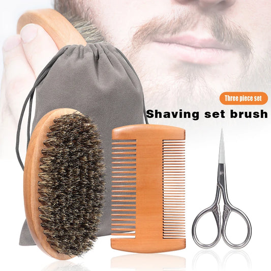 Men's Beard Grooming Kit - Double-Sided Comb + Scissors + Beard Brush with Storage Bag