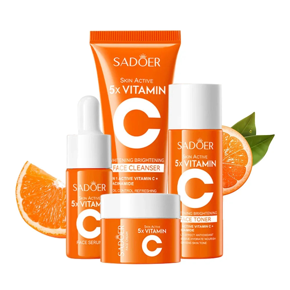 Sadoer Vitamin C 5Pcs Set Cleanser Toner Serum Cream Brightening Moisturizing Korean Skincare