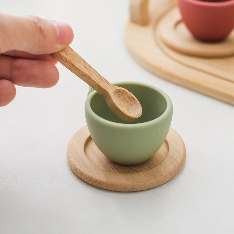 Wooden Montessori Toys Toddler Pretend Play Tea Party Set Silicone Teapot Cups Wood Tray Scoop Toys for Kids Birthday Gift