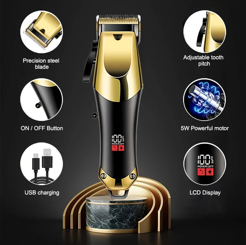 Men's Grooming Kit 3-Piece Set, Golden Balck Hair Clippers With LCD Display, USB Rechargeable, 8 Guide Combs, Trimmer And Shaver