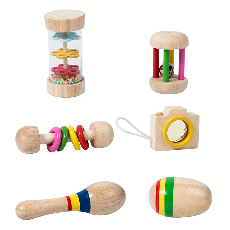 6pcs/set Wooden Musical Instruments Toys, Small Rattle, Sand Hammer, Sand Ball, Shake Bell Kaleidoscope, Griping Practice Toys