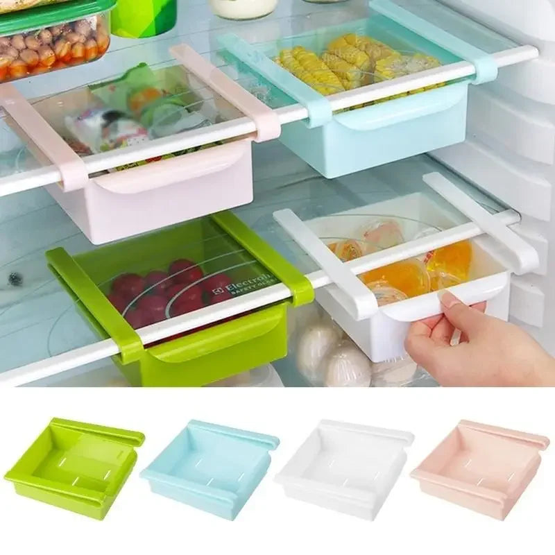 Slide Kitchen Fridge Freezer Space Saver Organizer Storage Rack Shelf Holder Kitchen Refrigerator Storage Box Food Container