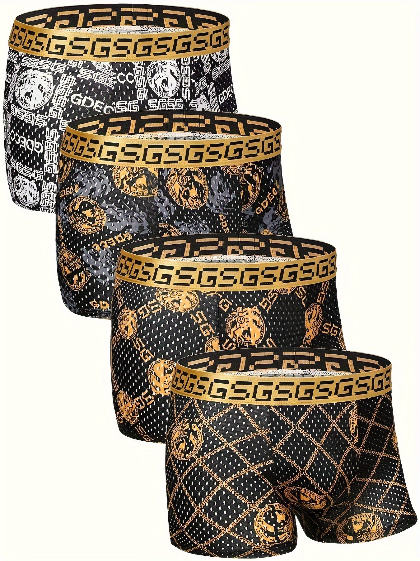 4pcs GDECC Luxury Men's Boxer Briefs - Ice Sliky Fiber Fabric, High Elasticity Breathable Underwear with Full-Body Leopard Print & Golden 'S' Logo, Black & Golden Checkered Design for Daily & Casual Wear, Comfortable Undergar