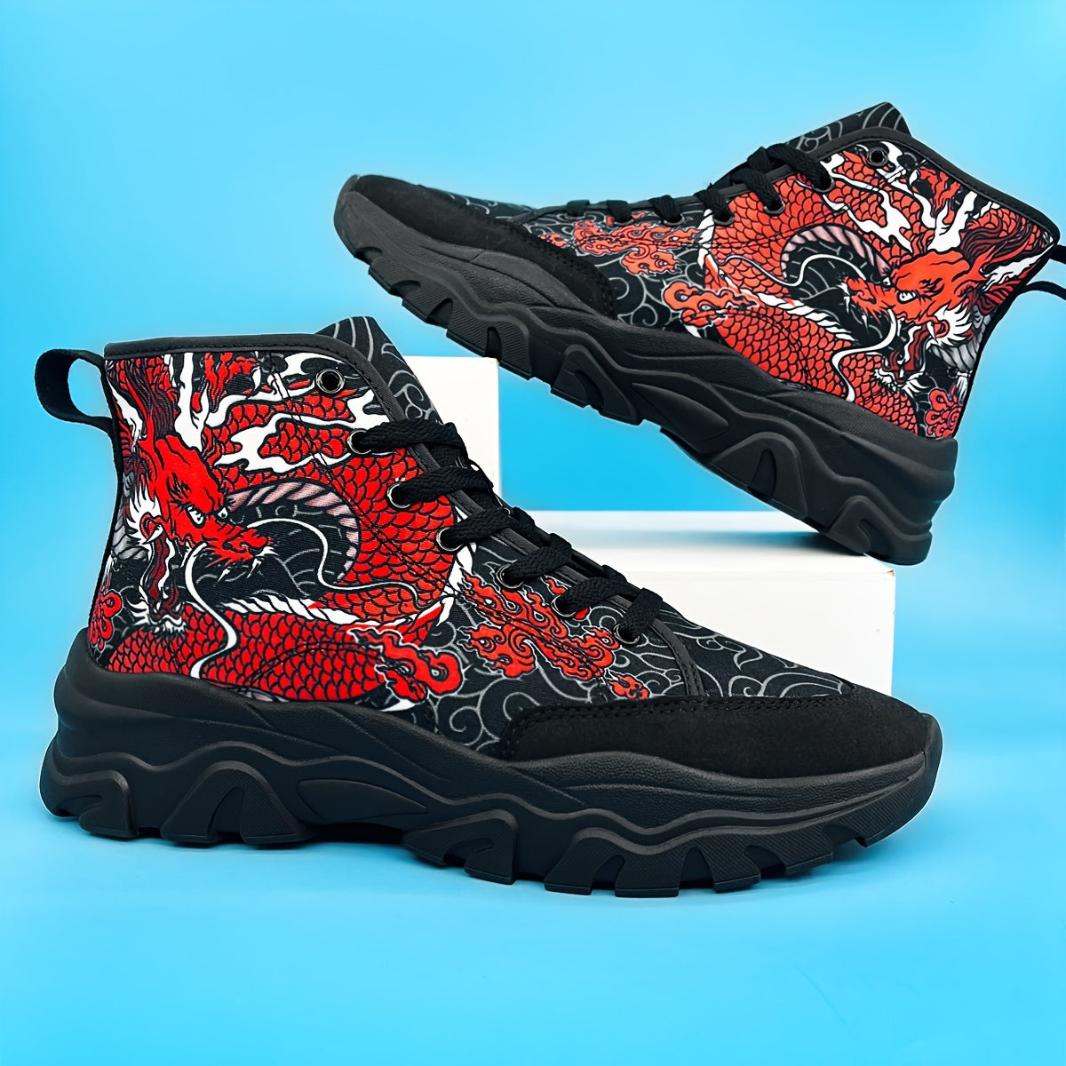 Dragon Pattern Chunky Sneakers - Elevated Ankle Support, Slip-Resistant Outsole, Cushioned Comfort, Relaxed Fit, Fashionable Design - Ideal for Mens Active Lifestyle, Perfect for Hiking, Camping, and More Outdoor Activities