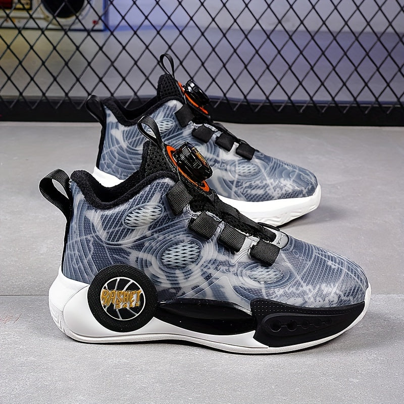 Stylish Kids' Glow-In-The-Dark Basketball Shoes - Rotating Buckle, Comfy Non-Slip Durable Sneakers with Breathable Mesh Upper, Ankle Support and Cushioned Insoles for Outdoor Play, Sports and Active Lifestyle