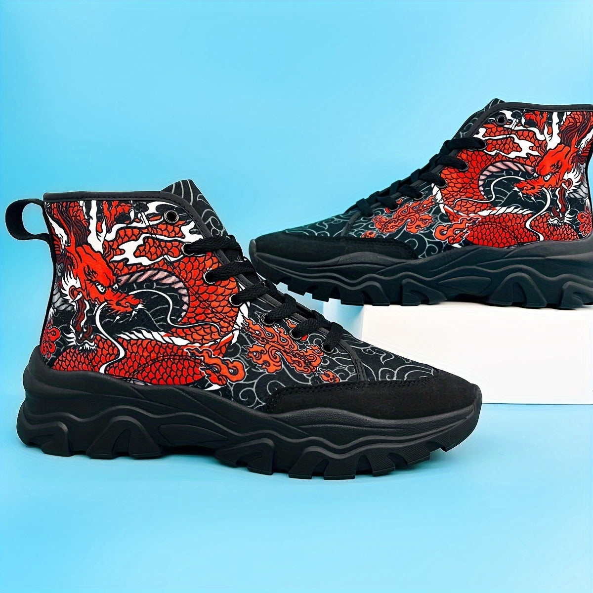 Dragon Pattern Chunky Sneakers - Elevated Ankle Support, Slip-Resistant Outsole, Cushioned Comfort, Relaxed Fit, Fashionable Design - Ideal for Mens Active Lifestyle, Perfect for Hiking, Camping, and More Outdoor Activities