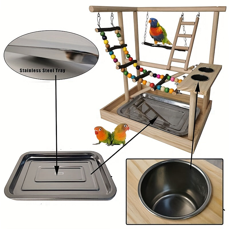 Deluxe Wooden Parrot Playstand with Climbing Ladder, Swing & Chew Toys - Includes Feeding Cups - Ideal for Small to Medium Birds like Parakeets, Conures & Lovebirds - Sturdy, Safe & Durable Exercise Center, Bird Toys