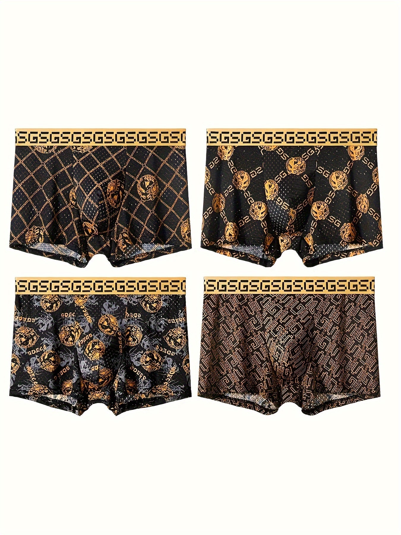 4pcs GDECC Luxury Men's Boxer Briefs - Ice Sliky Fiber Fabric, High Elasticity Breathable Underwear with Full-Body Leopard Print & Golden 'S' Logo, Black & Golden Checkered Design for Daily & Casual Wear, Comfortable Undergar