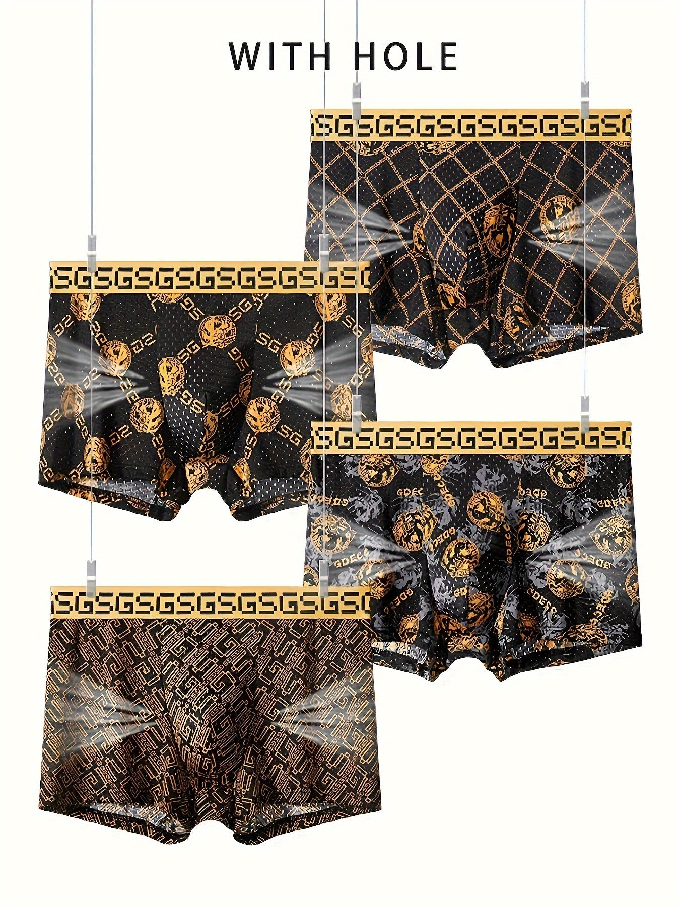 4pcs GDECC Luxury Men's Boxer Briefs - Ice Sliky Fiber Fabric, High Elasticity Breathable Underwear with Full-Body Leopard Print & Golden 'S' Logo, Black & Golden Checkered Design for Daily & Casual Wear, Comfortable Undergar