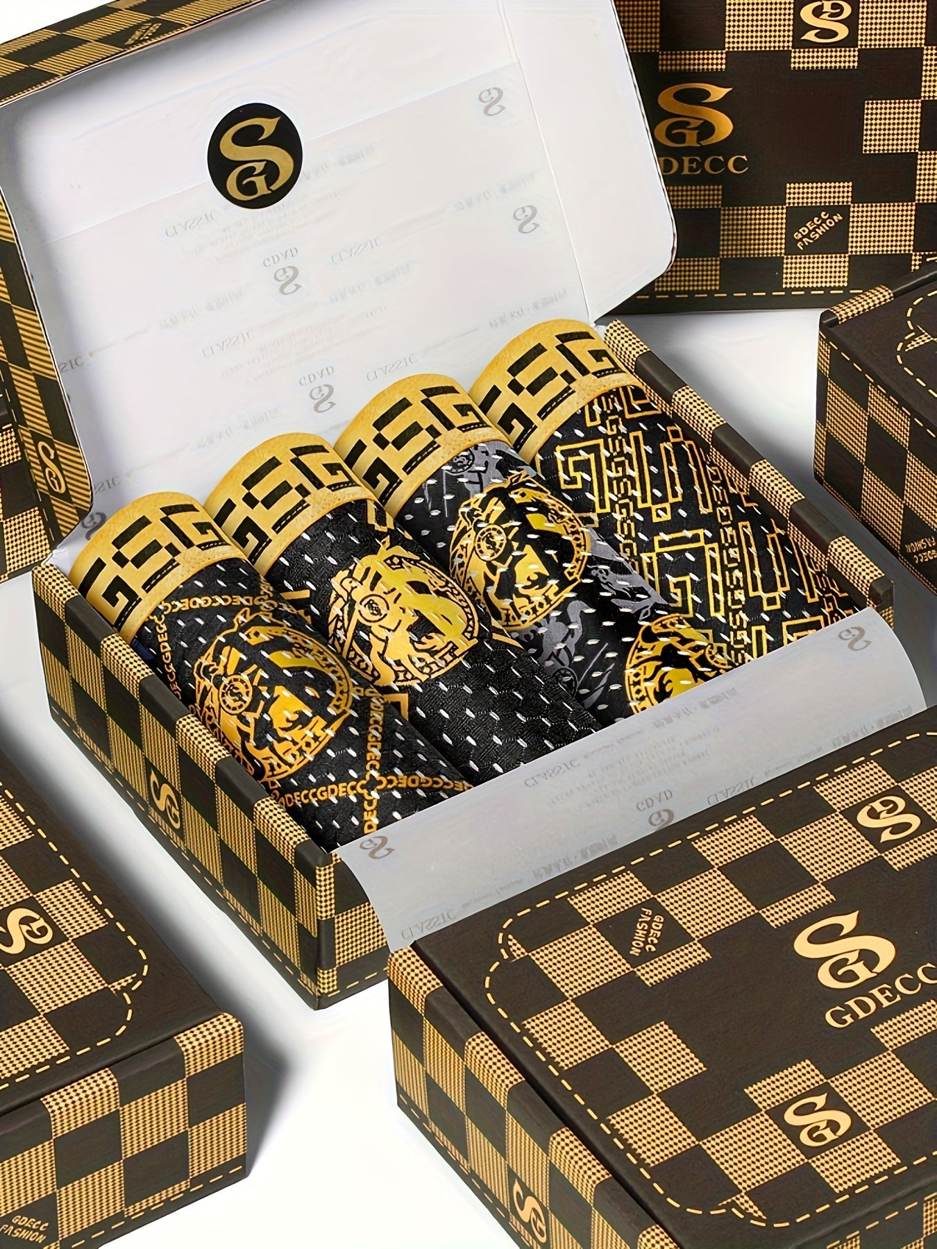 4pcs GDECC Luxury Men's Boxer Briefs - Ice Sliky Fiber Fabric, High Elasticity Breathable Underwear with Full-Body Leopard Print & Golden 'S' Logo, Black & Golden Checkered Design for Daily & Casual Wear, Comfortable Undergar
