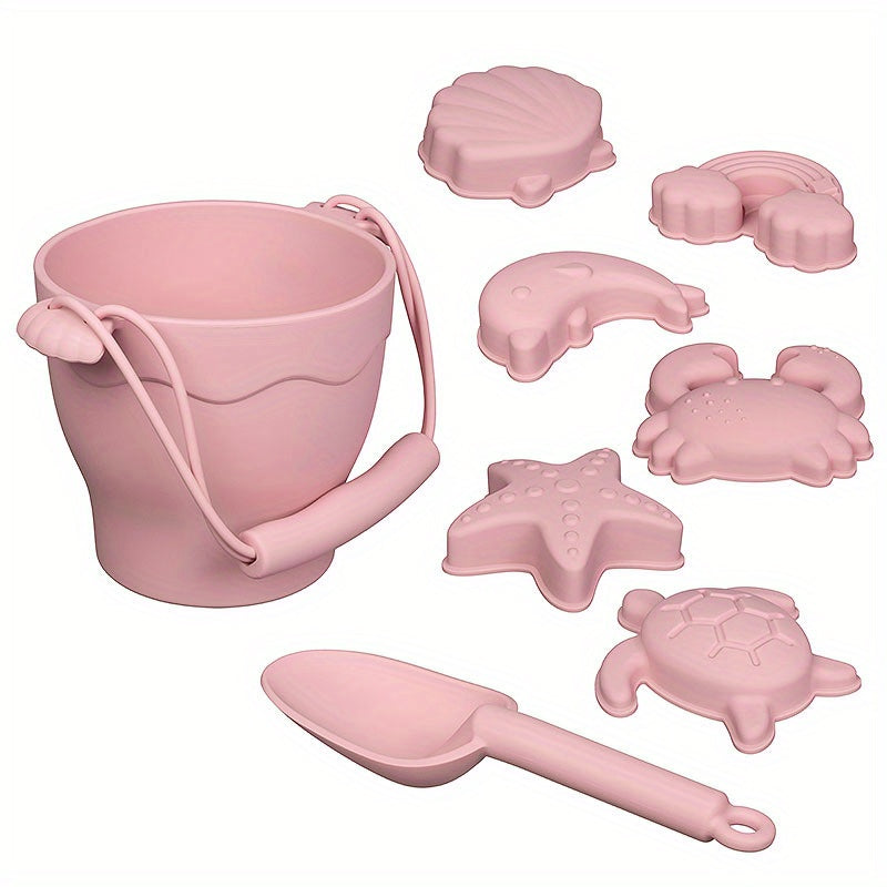 8pcs/set Beach Toy Baby Sand Bucket Set BPA Free Food Grade Silicone Safe Beach Travel Toys For Boys And Girls Summer Outdoor Toys Fun Kids Beach Sand Toy Set With Bucket 4 Colors