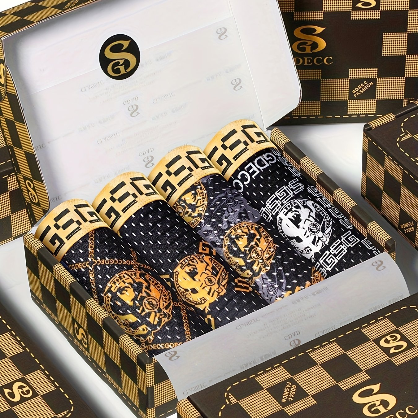 4pcs GDECC Luxury Men's Boxer Briefs - Ice Sliky Fiber Fabric, High Elasticity Breathable Underwear with Full-Body Leopard Print & Golden 'S' Logo, Black & Golden Checkered Design for Daily & Casual Wear, Comfortable Undergar