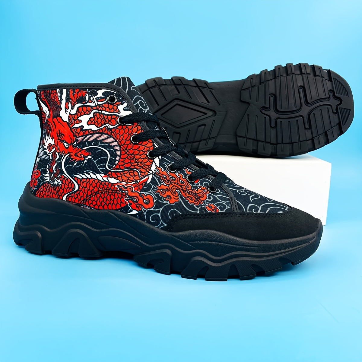 Dragon Pattern Chunky Sneakers - Elevated Ankle Support, Slip-Resistant Outsole, Cushioned Comfort, Relaxed Fit, Fashionable Design - Ideal for Mens Active Lifestyle, Perfect for Hiking, Camping, and More Outdoor Activities